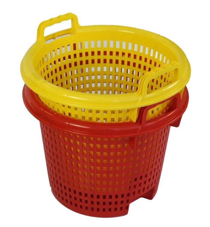 Two nested round fishermen baskets, with optional handles, one in red HDPE plastic, the other in yellow