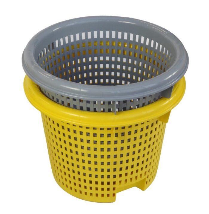 Two nested round fishermen baskets, without optional handles, one in yellow HDPE plastic, the other in gray