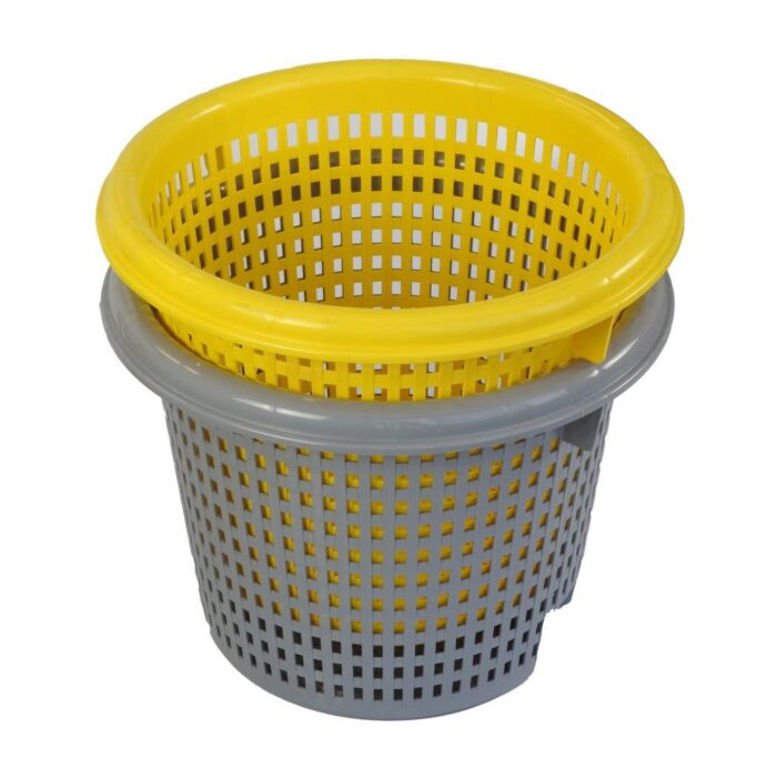 Two nested round fishermen baskets, without optional handles, one in yellow HDPE plastic, the other in gray
