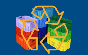 Colourful Thunderbird crates on a blue background with an orange recycling icon overlayed.