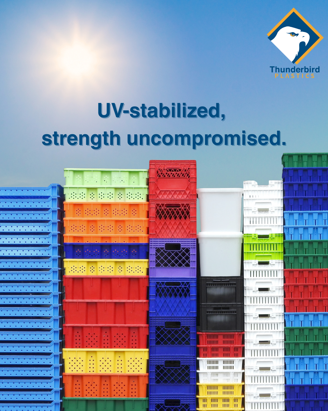 An image of the sub beating down on thunderbird plastics containers with the text overlay of 'UV stabilized, strength uncompromised' Tags: agricultural harvesting containers, greenhouse automation, greenhouse harvesting bins, produce lugs, harvest totes, plastic farm bins, automated farming equipment, injection moulded containers, stackable harvest crates, greenhouse farming Canada, cucumber totes, bulk harvesting bins, sustainable agriculture containers, plastic totes for farming, farming automation tools, greenhouse produce handling, Canadian agriculture supplies, automated greenhouse systems, custom farm containers